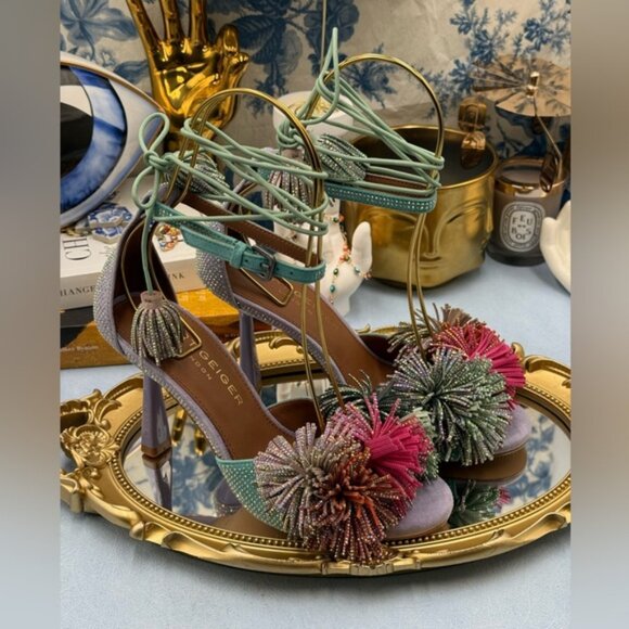 🆕 KURT GEIGER LONDON 🧿 NWOB Lilac & Teal Pom Pom Tie Ankle Heel, Sz 36 US 6 - Picture 7 of 15